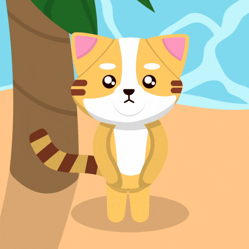 a cartoon cat is standing next to a palm tree on a beach