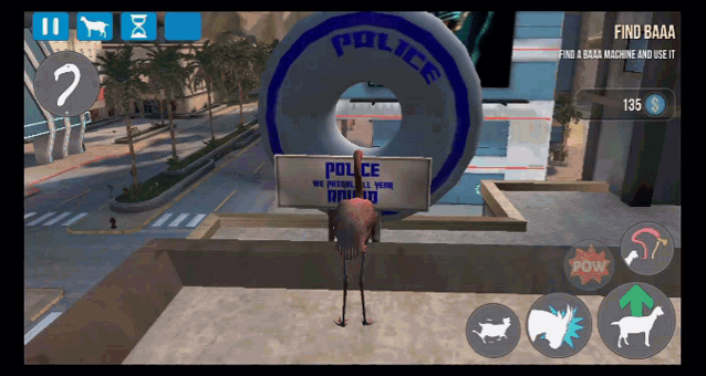 a screenshot of a video game where a goat is holding a sign that says police