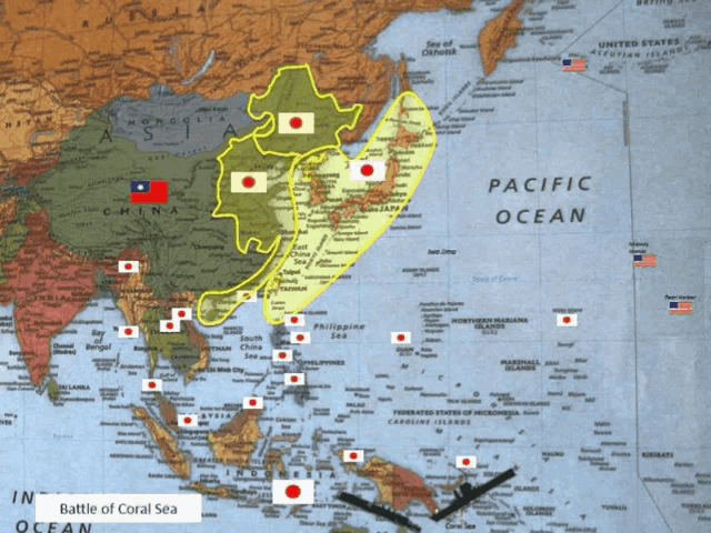 a map showing the battle of coral sea between japan and china