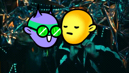 two cartoon characters , one purple and one yellow , are standing next to each other on a dark background .
