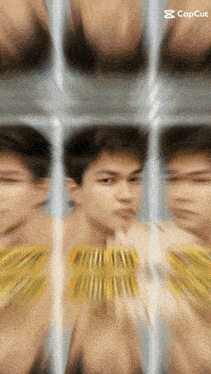 a blurry picture of a man with a caution tape around his neck