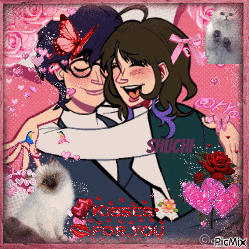 a picture of a man and a woman hugging with the words kisses for you on the bottom