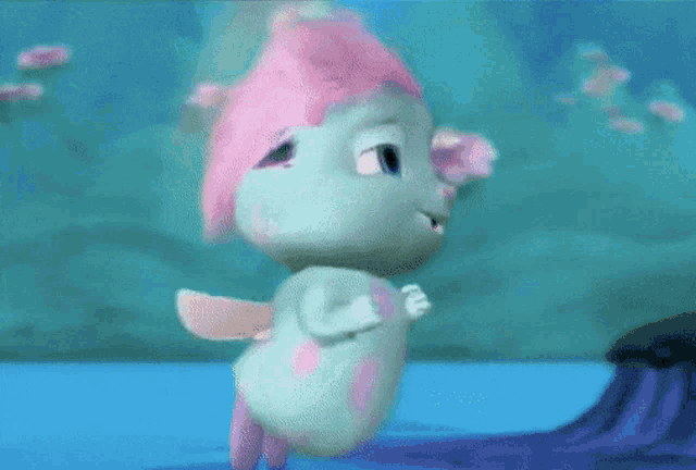 a cartoon character with pink hair and blue eyes is standing in the water