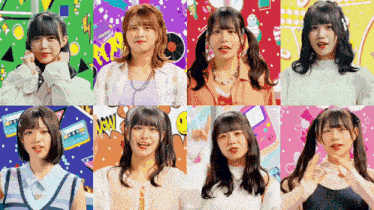 a group of young girls are posing for a picture with a colorful background
