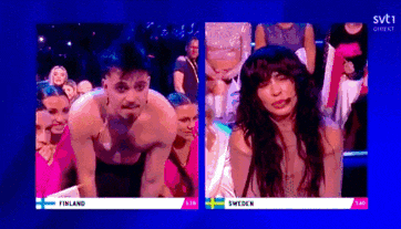 a man and a woman are on a screen with finland and sweden written on the bottom