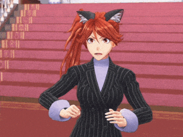 a girl with red hair and cat ears is standing in front of a set of stairs