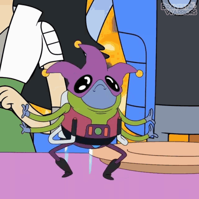 a cartoon character with a jester 's hat is dancing in front of a sign that says brooklyn warriors