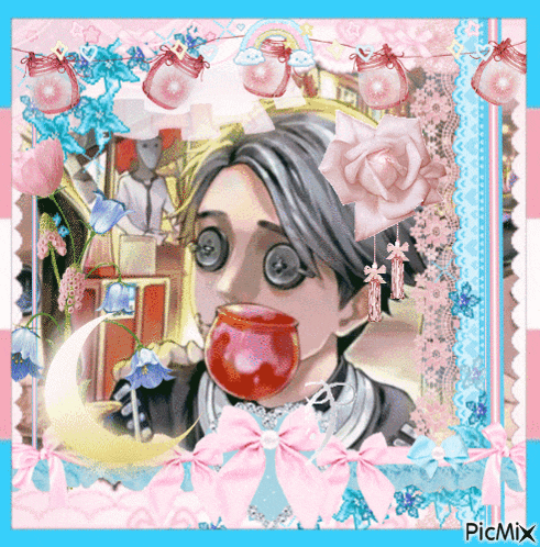 a picture of a girl with a red apple in her mouth is displayed on a picmix page