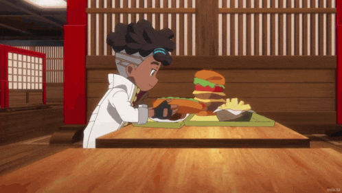 a cartoon character is sitting at a table with a hamburger and french fries on it
