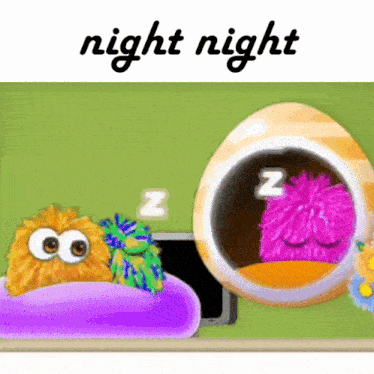 a cartoon drawing of two fluffy balls sleeping in an egg