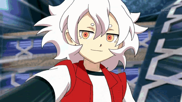 a cartoon character with white hair and red eyes is on a television screen