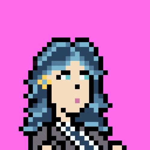 a pixel art drawing of a woman holding a sign that says thank you
