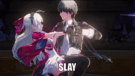 a man and a woman are dancing with the word slay in the background