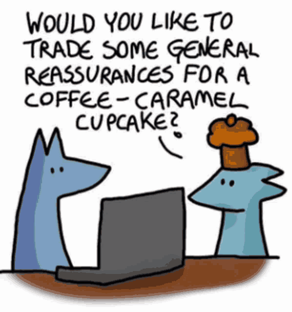 a cartoon of two foxes talking to each other with a cupcake on top of their head .