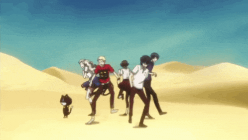 a group of people are dancing in the desert with a cat in the background