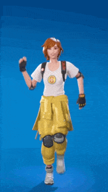 a girl wearing yellow pants and a white shirt with a number 6 on it