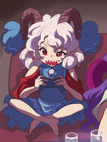a girl with horns is playing a video game