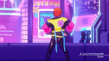 a video game character is dancing in front of a sign that says love x me monster 2wink