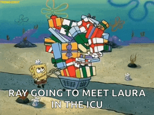 a cartoon of spongebob pulling a cart full of gifts with the caption ray going to meet laura