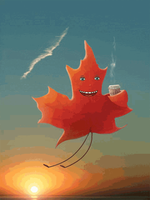 a drawing of a maple leaf with a face and a cup of coffee on it