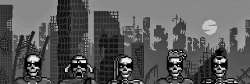 a group of skeletons are standing in front of a city skyline ..