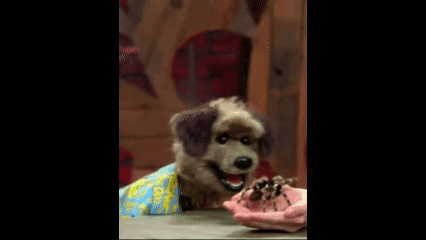 a stuffed dog wearing a blue and yellow shirt is sitting at a table holding a pink object .