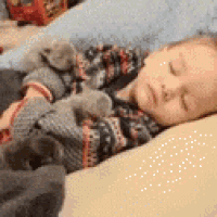a baby is sleeping on a bed with a kitten on his chest .