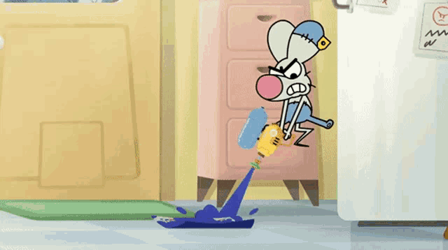 a cartoon drawing of a mouse holding a bottle with a sticker on the refrigerator that says " no smoking "