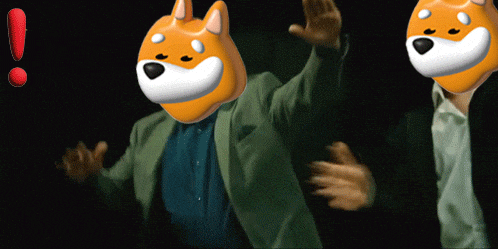 a man in a suit has a dog head on his head