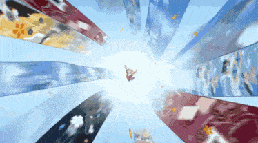 a cartoon character is flying through a tunnel of flags