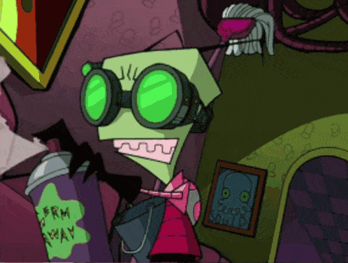 a cartoon character with green goggles stands next to a can that says germ away