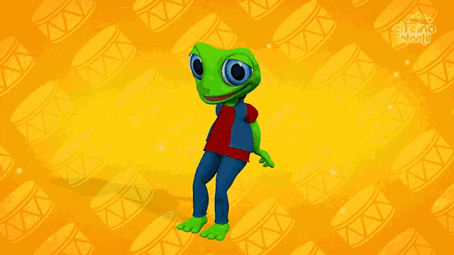a cartoon character is standing in front of a pattern of drums and the words ' el reino infantil ' at the bottom