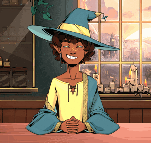 a cartoon of a witch sitting at a table with candles in front of her