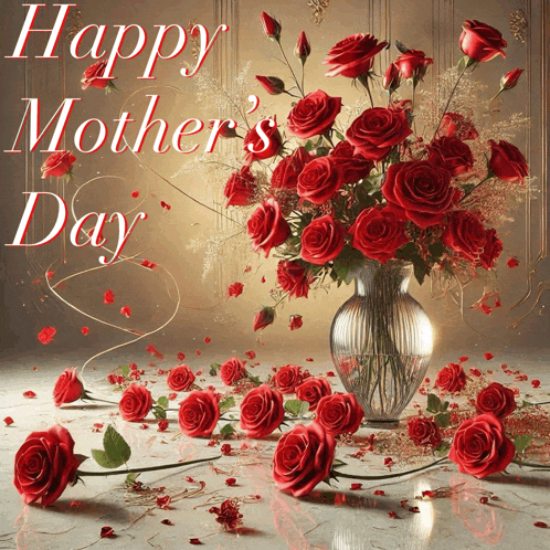 a bouquet of red roses in a vase with the words happy mother 's day below it