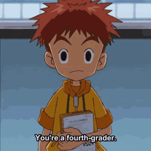 a young boy is holding a book and says `` you 're a fourth grader '' .