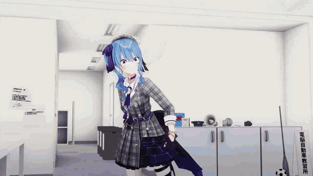 a girl in a plaid dress is standing in a room with a sign that says ' a ' on it