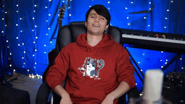 a man wearing a red hoodie with a cat on it sits in front of a piano