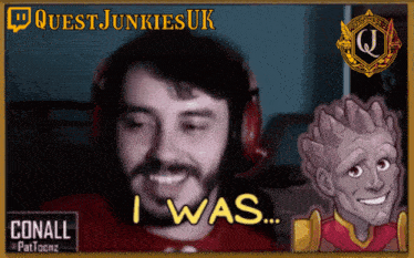 a man wearing headphones says " i was " in front of a cartoon