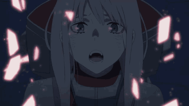 a girl with pink hair and blue eyes looks up at something