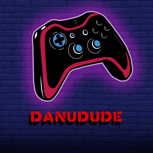 a video game controller on a brick wall with danudude written below it