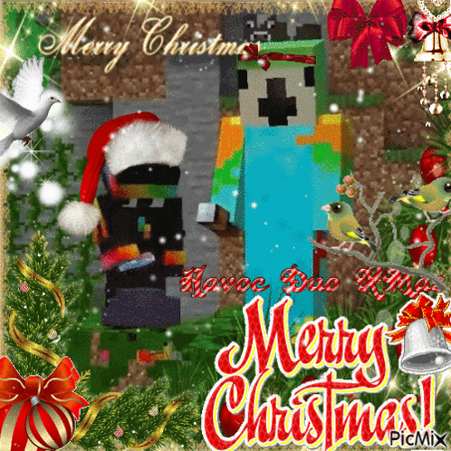 a merry christmas card with a minecraft character in a santa hat
