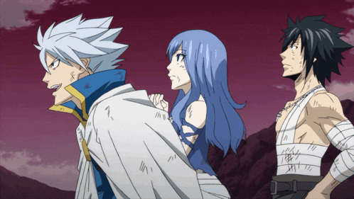 three anime characters are standing next to each other and one of them has bandages on his arm