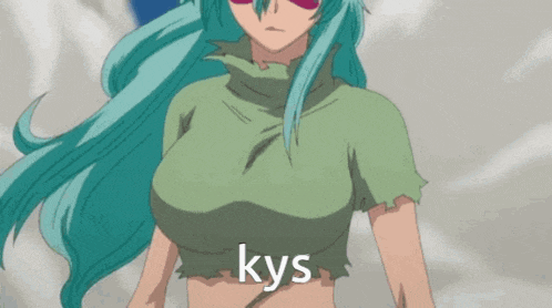 a cartoon girl with blue hair and the word kys on her chest