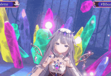 a girl with a crown on her head is surrounded by colorful crystals and a sign that says #biboc