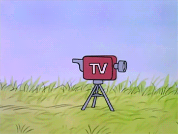a cartoon character is holding a tv camera