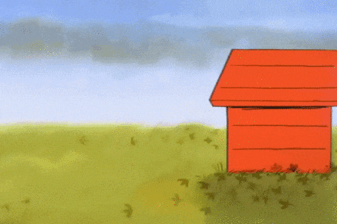 a cartoon drawing of snoopy 's doghouse in a grassy field