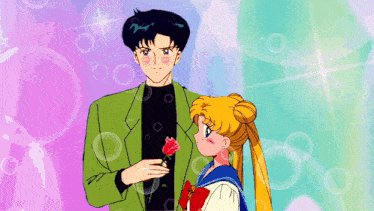 a man is giving a rose to a girl