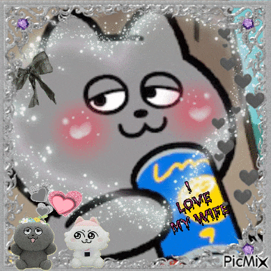 a cartoon cat is holding a can that says " love my wife "