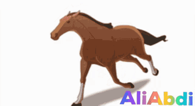 a cartoon drawing of a brown horse running with the name ali abdi written below it