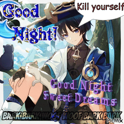 a picture of a boy holding a cat that says good night